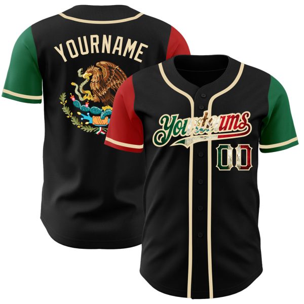 Custom Black Jersey, Personalized Black Baseball Jersey, Custom Black Vintage Mexican Flag Kelly Green Red-City Cream Authentic Baseball Jersey Jezsport.com