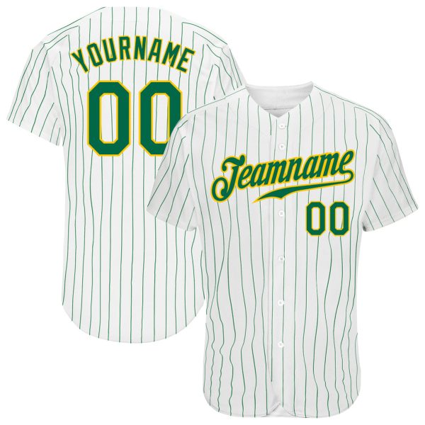 Custom Black Jersey, Personalized Black Baseball Jersey, Custom White Kelly Green Pinstripe Kelly Green-Gold Authentic Baseball Jersey Jezsport.com