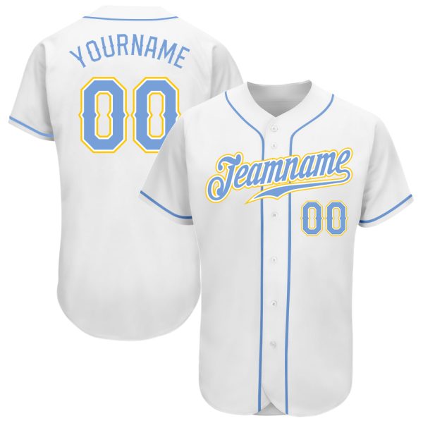 Custom Black Jersey, Personalized Black Baseball Jersey, Custom Baseball Jersey, Custom White Light Blue-Gold Authentic Baseball Jersey Jezsport.com