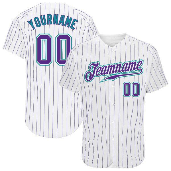 Custom Black Jersey, Personalized Black Baseball Jersey, Custom White Purple Pinstripe Purple-Teal Authentic Baseball Jersey Jezsport.com