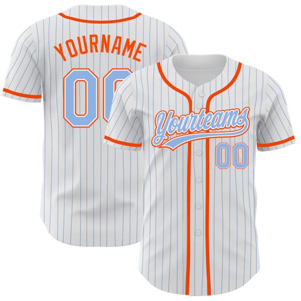 Custom Black Jersey, Personalized Black Baseball Jersey, Custom White Light Blue Pinstripe Light Blue-Orange Authentic Baseball Jersey Jezsport.com