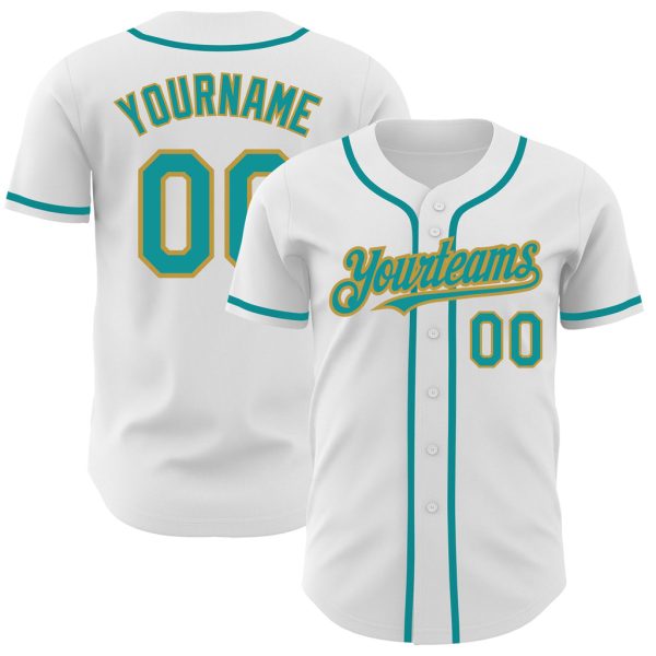 Custom Black Jersey, Personalized Black Baseball Jersey, Custom Baseball Jersey, Custom White Teal-Old Gold Authentic Baseball Jersey Jezsport.com