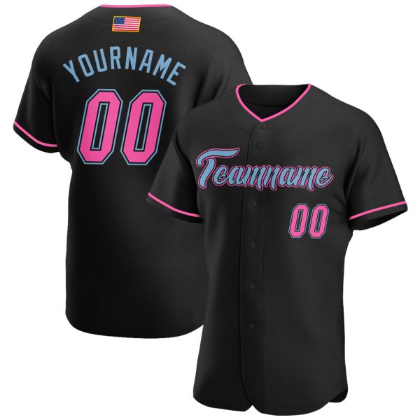 Custom Black Jersey, Personalized Black Baseball Jersey, Custom Jersey, Custom Black Pink-Light Blue Authentic American Flag Fashion Baseball Jersey Jezsport.com