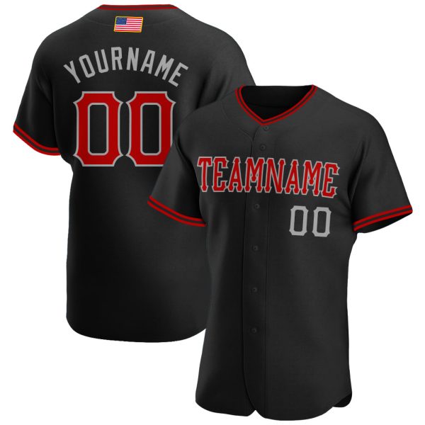 Custom Black Jersey, Personalized Black Baseball Jersey, Custom Black Red-Gray Authentic American Flag Fashion Baseball Jersey Jezsport.com