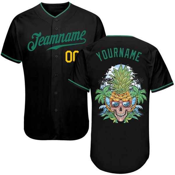 Custom Black Jersey, Personalized Black Baseball Jersey, Custom Black Kelly Green-Gold Authentic Skull Pineapple Head Baseball Jersey Jezsport.com