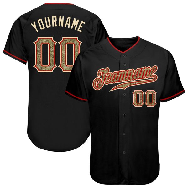 Custom Black Jersey, Personalized Black Baseball Jersey, Custom Baseball Jersey, Custom Black Camo-Red Authentic Baseball Jersey Jezsport.com