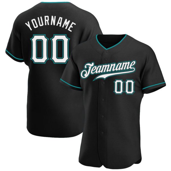 Custom Black Jersey, Personalized Black Baseball Jersey, Custom Baseball Jersey, Custom Black White-Teal Authentic Baseball Jersey Jezsport.com