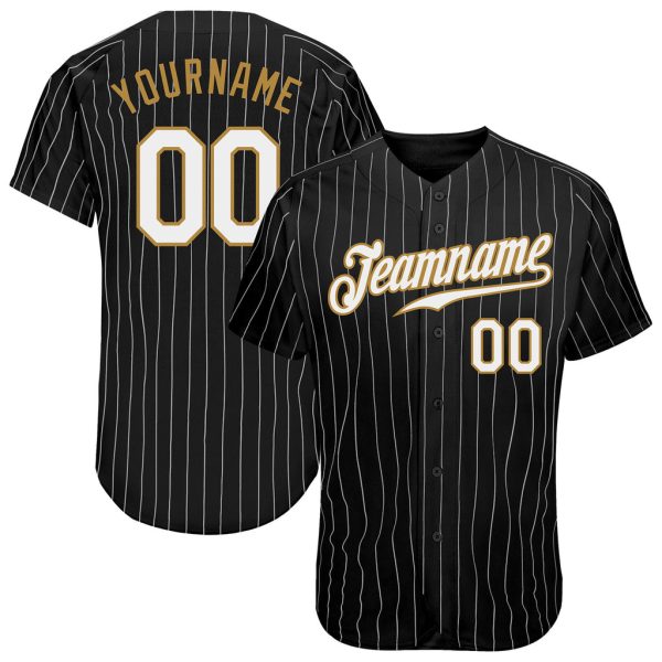 Custom Black Jersey, Personalized Black Baseball Jersey, Custom Black White Pinstripe White-Old Gold Authentic Baseball Jersey Jezsport.com