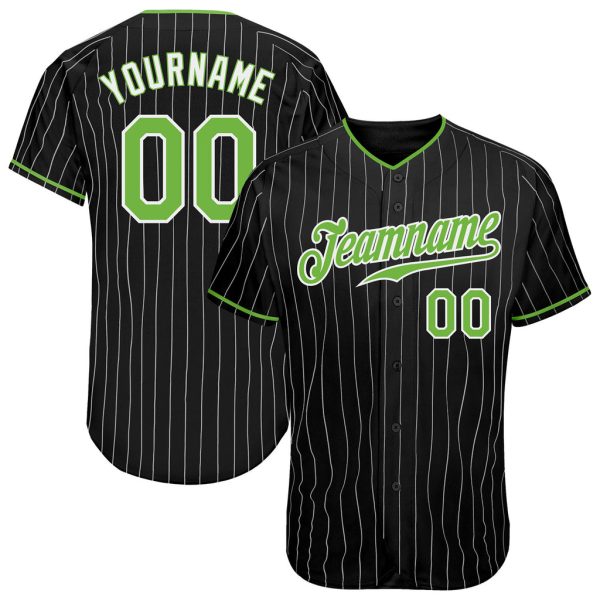 Custom Black Jersey, Personalized Black Baseball Jersey, Custom Baseball Jersey Black White Pinstripe Neon Green-White Authentic Baseball Jersey Jezsport.com