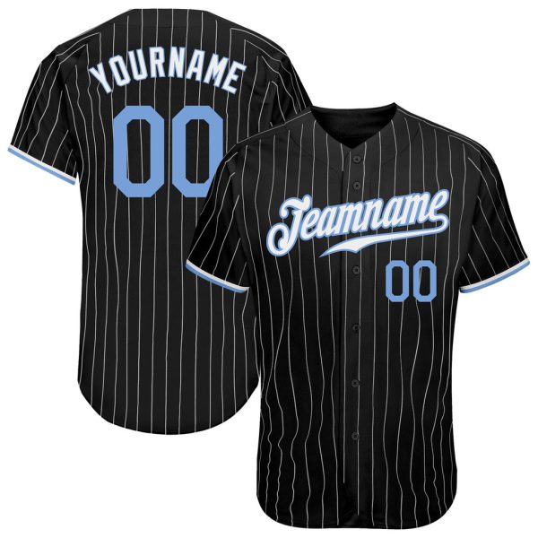 Custom Black Jersey, Personalized Black Baseball Jersey, Custom Black White Pinstripe Light Blue-White Authentic Baseball Jersey Jezsport.com