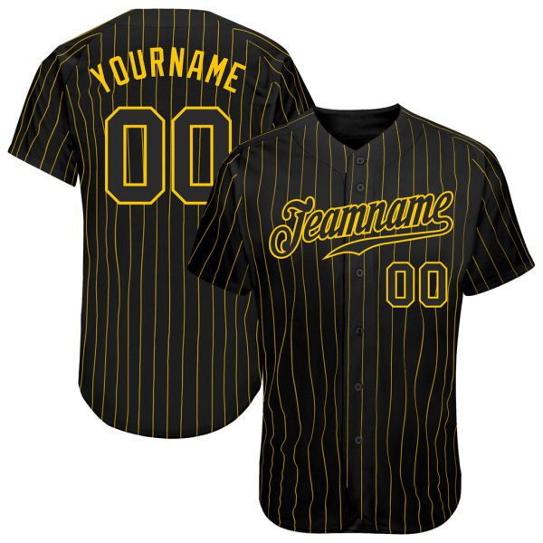 Custom Black Jersey, Personalized Black Baseball Jersey, Custom Baseball Jersey, Custom Black Gold Pinstripe Black-Gold Authentic Baseball Jersey Jezsport.com