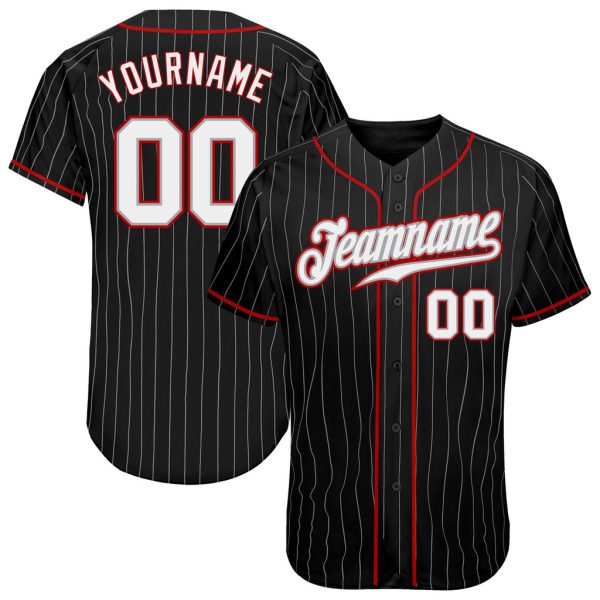 Custom Black Jersey, Personalized Black Baseball Jersey, Custom Baseball Jersey, Custom Black Gray Pinstripe White-Red Authentic Baseball Jersey Jezsport.com