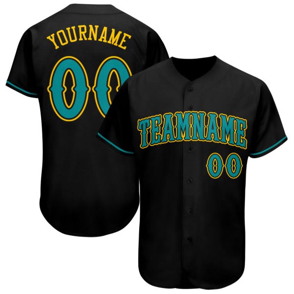 Custom Black Jersey, Personalized Black Baseball Jersey, Custom Baseball Jersey, Custom Black Teal-Gold Authentic Baseball Jersey Jezsport.com