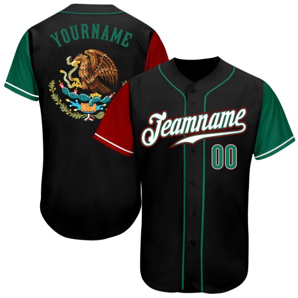 Custom Black Jersey, Personalized Black Baseball Jersey, Custom Baseball Jersey, Custom Black Kelly Green-Red Authentic Mexico Baseball Jersey Jezsport.com