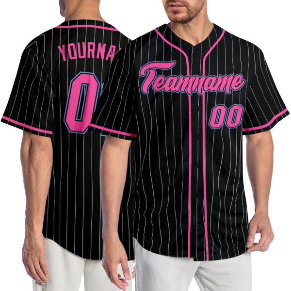 Custom Black Jersey, Personalized Black Baseball Jersey, Custom Baseball Jersey Custom Black White Pinstripe Pink-Light Blue Authentic Baseball Jersey Jezsport.com