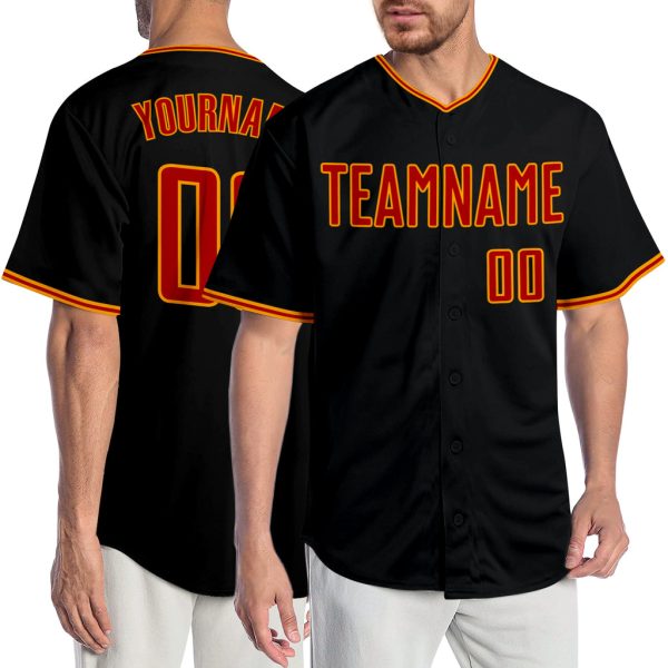 Custom Black Jersey, Personalized Black Baseball Jersey, Custom Baseball Jersey, Custom Black Red-Gold Authentic Baseball Jersey Jezsport.com