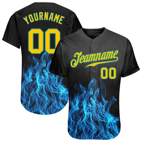 Custom Black Jersey, Personalized Black Baseball Jersey, Custom Baseball Jersey Black Gold-Teal 3D Pattern Design Flame Authentic Baseball Jersey Jezsport.com