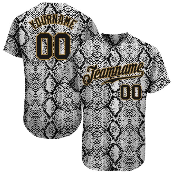 Custom Black Jersey, Personalized Black Baseball Jersey, Custom Baseball Jersey Snakeskin Black-Old Gold Pattern Design Authentic Baseball Jersey Jezsport.com