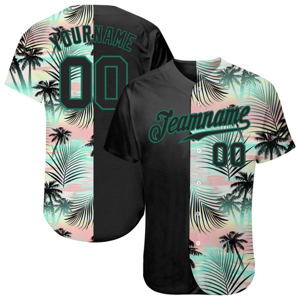 Custom Black Jersey, Personalized Black Baseball Jersey, Custom Black Black-Kelly Green Pattern Tropical Palm Leaves Authentic Baseball Jersey Jezsport.com