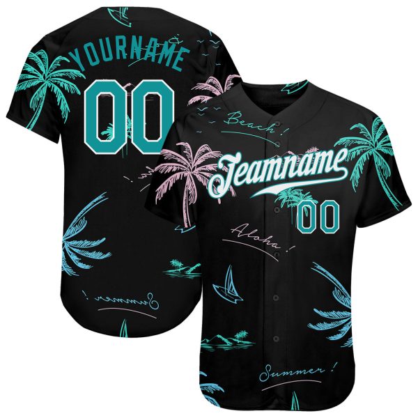 Custom Black Jersey, Personalized Black Baseball Jersey, Custom Black Teal-White 3D Pattern Design Hawaii Palm Trees Authentic Baseball Jersey Jezsport.com