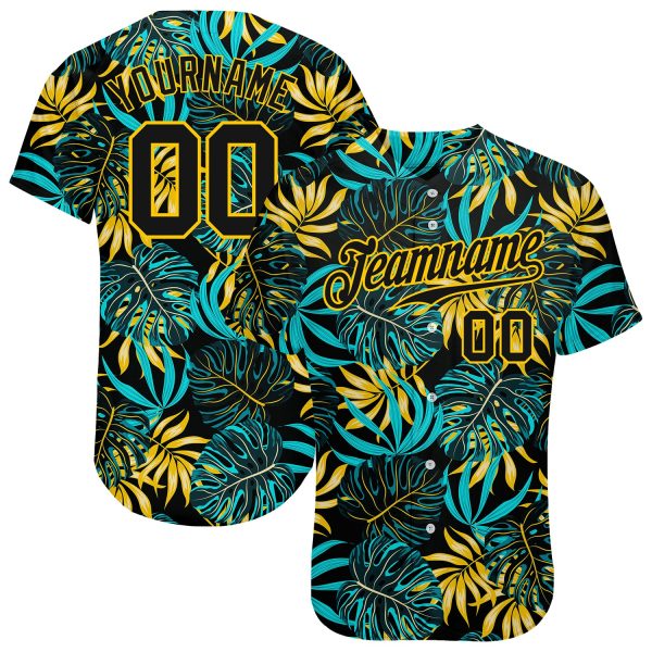 Custom Black Black-gold 3d Pattern Design Tropical Palm Leaves Authentic Baseball Jersey Jezsport.com