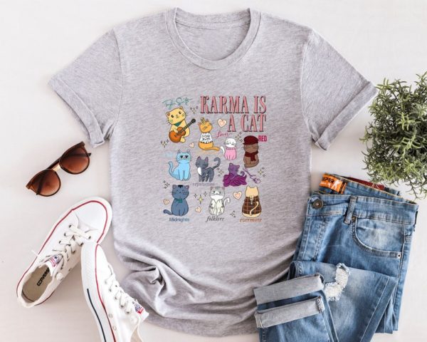 Funny Shirt For Girl, Meme Shirt For Girl, Swiftie Fan Shirt, Taylor Swiftie Fan, Karma Is A Cat Eras Shirts, Taylor Eras Cat T-Shirt, Sport Grey Jezsport.com