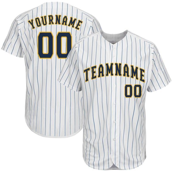 Custom Black Jersey, Personalized Black Baseball Jersey, Custom Baseball Jersey, Custom White Royal Pinstripe Navy-Gold Baseball Jersey Jezsport.com