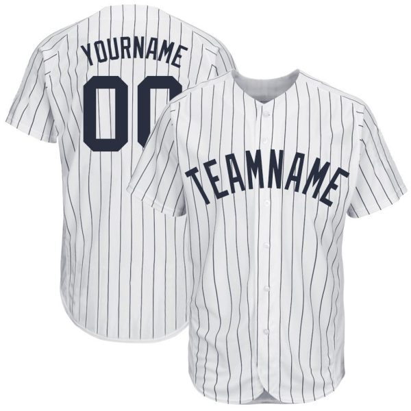 Custom Black Jersey, Personalized Black Baseball Jersey, Custom Baseball Jersey, Custom White Navy Pinstripe Navy Baseball Jersey Jezsport.com