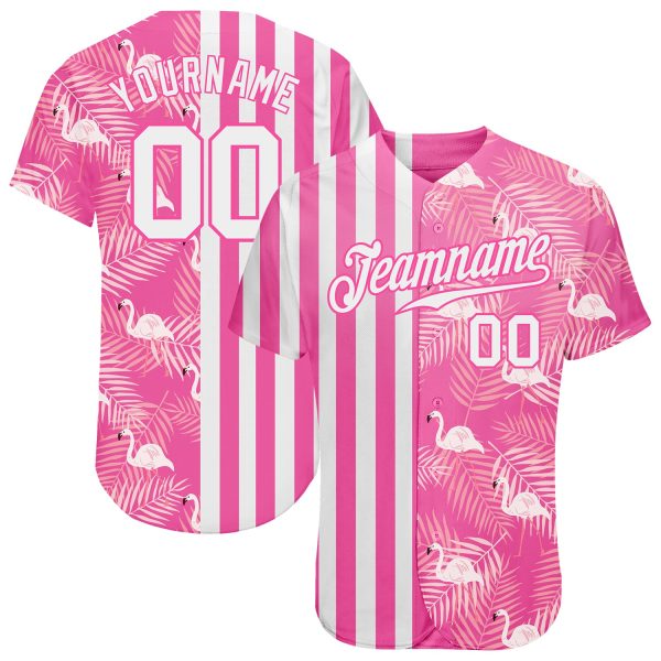 Custom Pink White 3d Pattern Design Tropical Palm Leaves And Famingo Authentic Baseball Jersey Jezsport.com