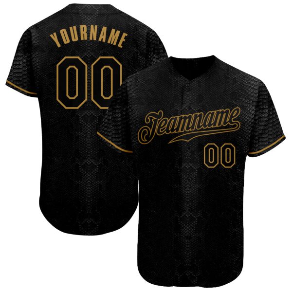 Custom Black Jersey, Personalized Black Baseball Jersey, Custom Black Snakeskin Black-Old Gold 3D Pattern Design Authentic Baseball Jersey Jezsport.com