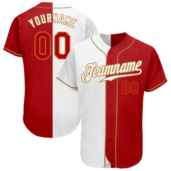 Custom Black Jersey, Personalized Black Baseball Jersey, Custom Baseball Jersey, Custom White Red-Old Gold Authentic Split Fashion Baseball Jersey Jezsport.com