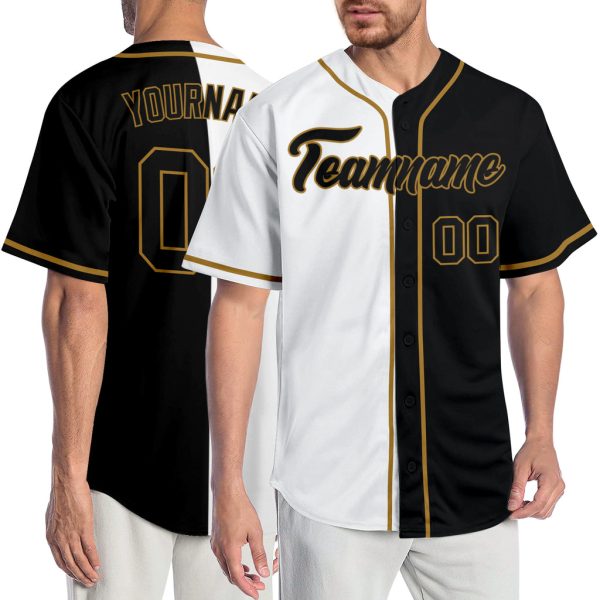 Custom Black Jersey, Personalized Black Baseball Jersey, Custom Baseball Jersey, Custom White Black-Old Gold Authentic Split Fashion Baseball Jersey Jezsport.com