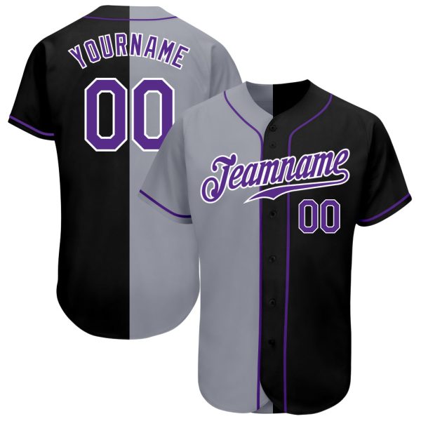 Custom Black Jersey, Personalized Black Baseball Jersey, Custom Baseball Jersey, Custom Black Purple-Gray Authentic Split Fashion Baseball Jersey Jezsport.com