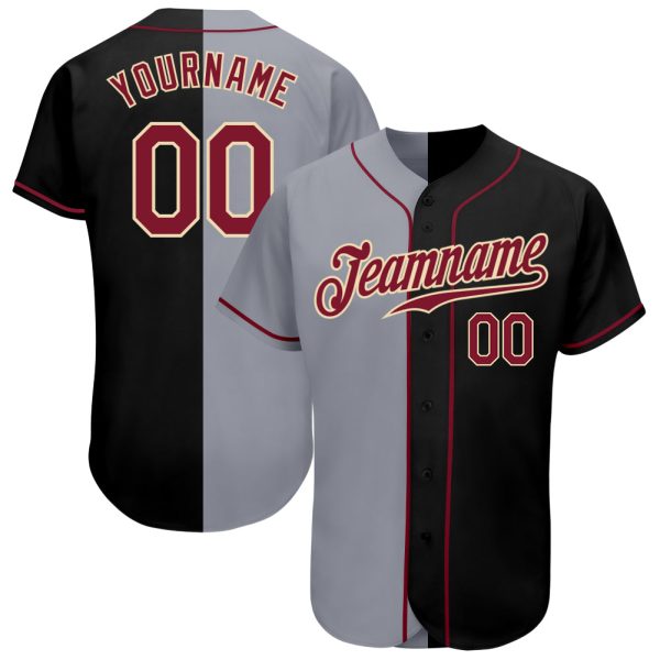 Custom Black Jersey, Personalized Black Baseball Jersey, Custom Baseball Jersey, Custom Black Crimson-Gray Authentic Split Fashion Baseball Jersey Jezsport.com