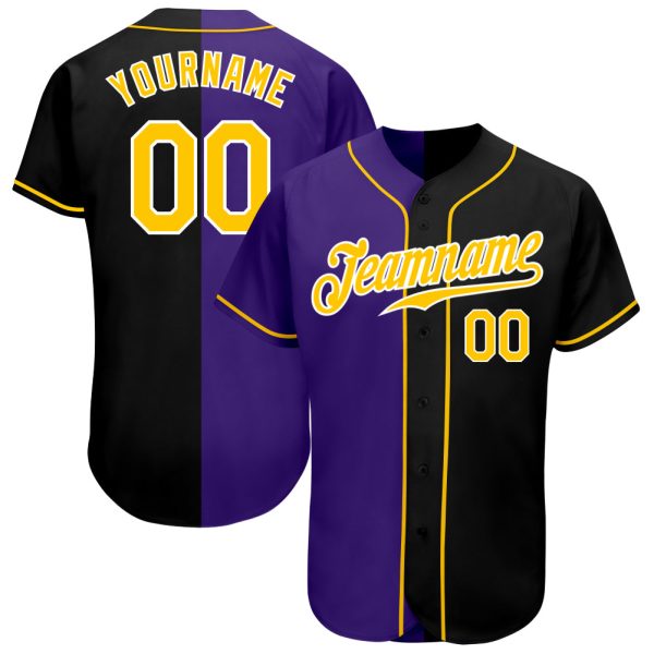 Custom Black Jersey, Personalized Black Baseball Jersey, Custom Baseball Jersey, Custom Black Gold-Purple Authentic Split Fashion Baseball Jersey Jezsport.com