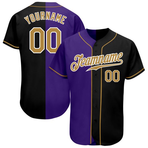 Custom Black Jersey, Personalized Black Baseball Jersey, Custom Baseball Jersey, Custom Black Old Gold-Purple Authentic Split Fashion Baseball Jersey Jezsport.com