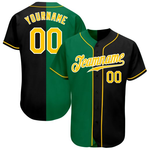 Custom Black Jersey, Personalized Black Baseball Jersey, Custom Baseball Jersey, Custom Black Gold-Kelly Green Authentic Split Fashion Baseball Jersey Jezsport.com