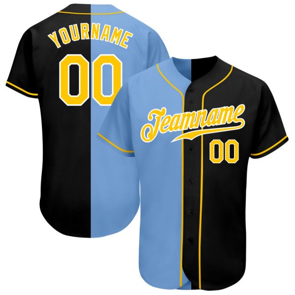 Custom Black Jersey, Personalized Black Baseball Jersey, Custom Baseball Jersey, Custom Black Gold-Light Blue Authentic Split Fashion Baseball Jersey Jezsport.com