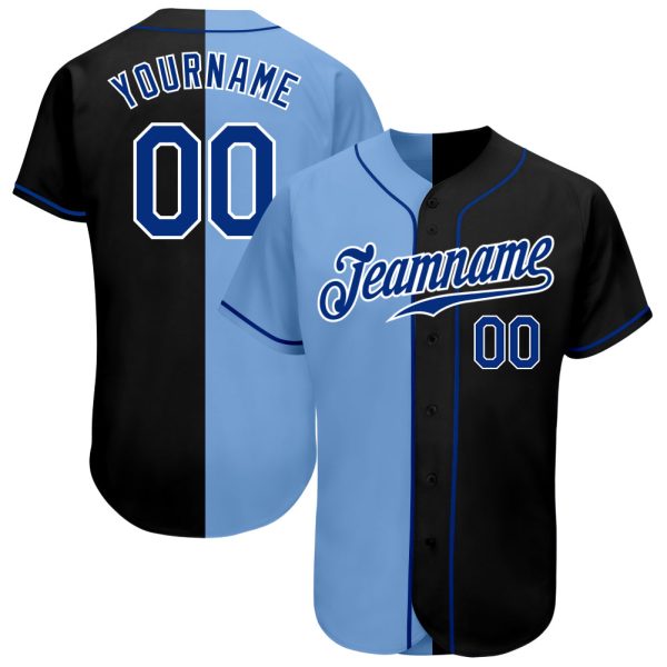 Custom Black Jersey, Personalized Black Baseball Jersey, Custom Baseball Jersey, Custom Black Royal-Light Blue Authentic Split Fashion Baseball Jersey Jezsport.com