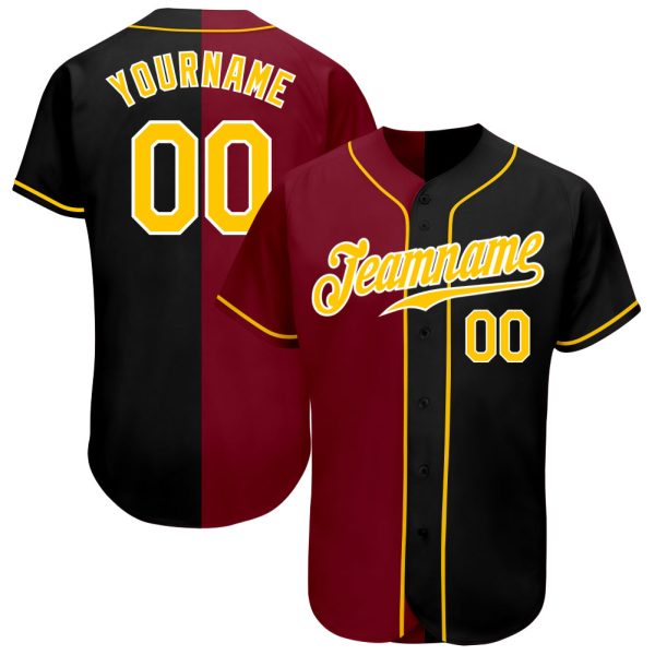 Custom Black Jersey, Personalized Black Baseball Jersey, Custom Baseball Jersey, Custom Black Gold-Crimson Authentic Split Fashion Baseball Jersey Jezsport.com