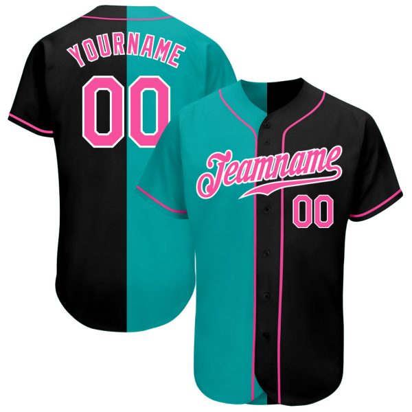 Custom Black Jersey, Personalized Black Baseball Jersey, Custom Baseball Jersey, Custom Black Pink-Aqua Authentic Split Fashion Baseball Jersey Jezsport.com