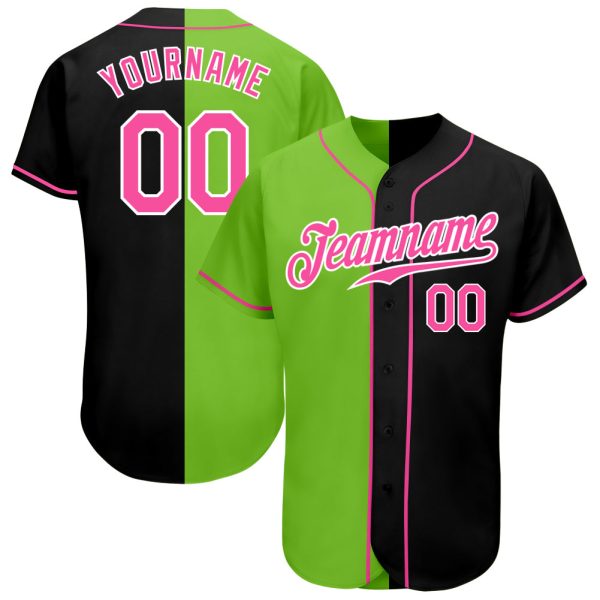 Custom Black Jersey, Personalized Black Baseball Jersey, Custom Baseball Jersey, Custom Black Pink-Neon Green Authentic Split Fashion Baseball Jersey Jezsport.com