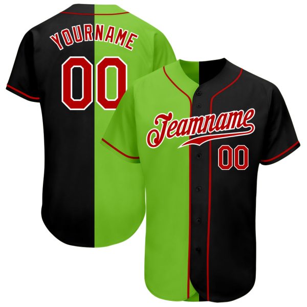 Custom Black Jersey, Personalized Black Baseball Jersey, Custom Baseball Jersey, Custom Black Red-Neon Green Authentic Split Fashion Baseball Jersey Jezsport.com