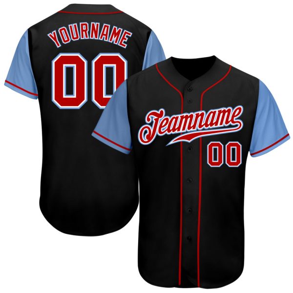 Custom Black Jersey, Personalized Black Baseball Jersey, Custom Baseball Jersey, Custom Black Red-Light Blue Authentic Two Tone Baseball Jersey Jezsport.com