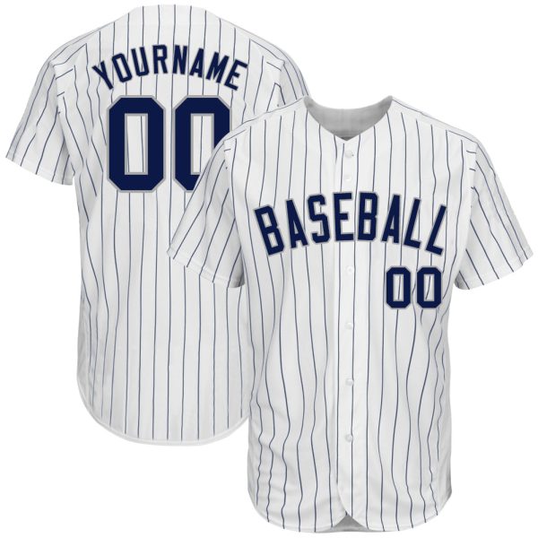 Custom Black Jersey, Personalized Black Baseball Jersey, Custom White Navy Pinstripe Navy-Gray Authentic Baseball Jersey Jezsport.com