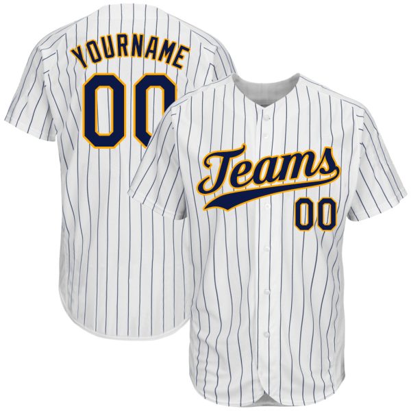 Custom Black Jersey, Personalized Black Baseball Jersey, Custom White Navy Pinstripe Navy-Gold Authentic Baseball Jersey Jezsport.com