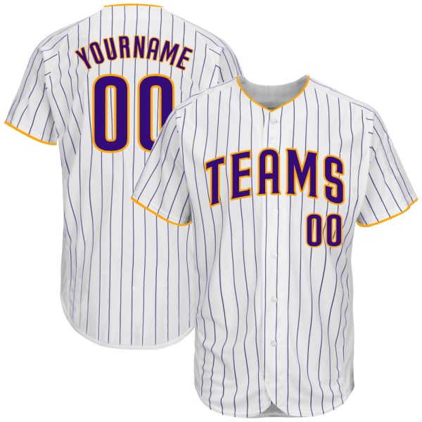 Custom Black Jersey, Personalized Black Baseball Jersey, Custom Baseball Jersey White Purple Pinstripe Purple-Gold Authentic Baseball Jersey Jezsport.com