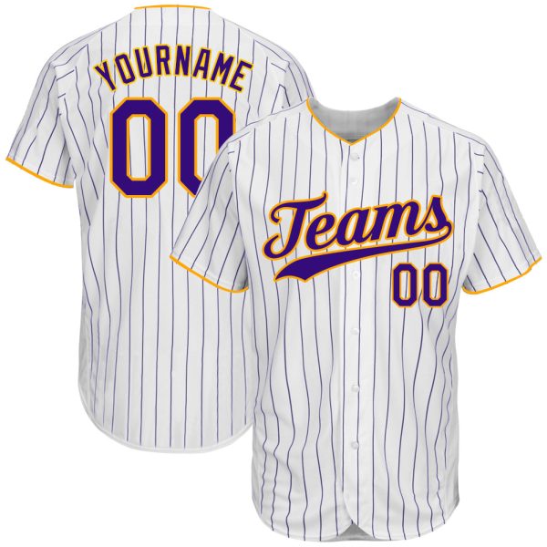 Custom Black Jersey, Personalized Black Baseball Jersey, Custom Baseball Jersey, Custom White Purple Pinstripe Purple-Gold Authentic Baseball Jersey Jezsport.com