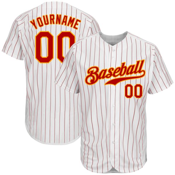 Custom Black Jersey, Personalized Black Baseball Jersey, Custom Baseball Jersey, Custom White Red Pinstripe Red-Gold Authentic Baseball Jersey Jezsport.com