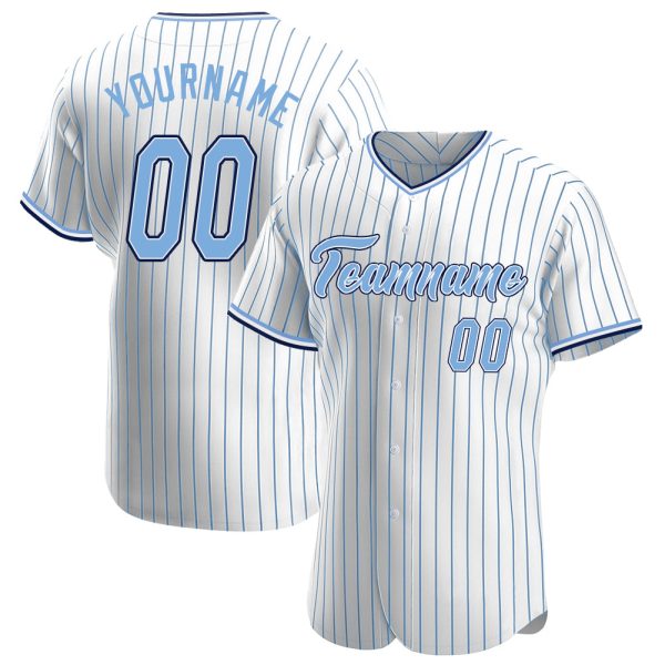 Custom Black Jersey, Personalized Black Baseball Jersey, Custom White Light Blue Pinstripe Light Blue-Navy Authentic Baseball Jersey Jezsport.com